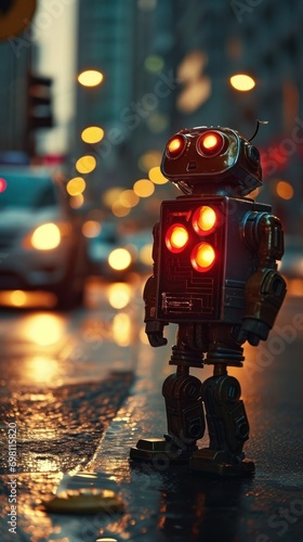 a small robot traffic controller stands on the road among cars in a traffic jam. blurred background. concept of future technologies, robot assistants, cyborgs, vertical photo.blur, soft focus, defocus