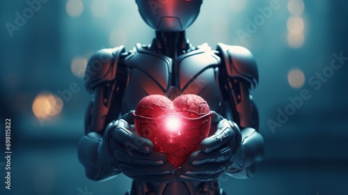 a grey robot holds a red heart in his hands. blurred blue background. front photo. super realistic photo. concept of Valentine's day, February 14, love, relationships, future,advertisement for surgery