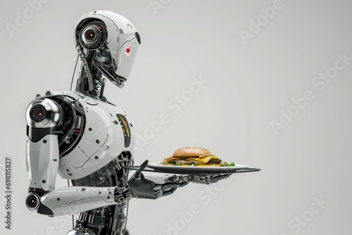 robot waiter holds a tray with food in his hands, on a light background, empty space for text on the side. concept of technology development, implementation of robots, artificial intelligence. mock-up