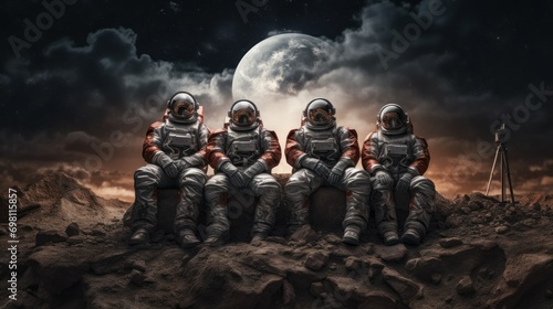 four astronauts sitting in a row on the surface of the moon , in the background space, stars and planets, concept of technology, space, support, team