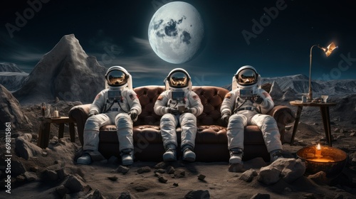 three astronauts in a white suit are sitting in a row on a brown sofa, in the background there is space, stars and planets, the concept of technology, space, support, team