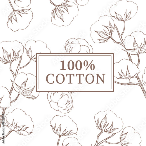 Label design 100% Cotton with cotton branches and flowers