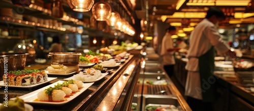 Conveyor belt in Thai restaurant with sushi and other dishes in Bangkok.