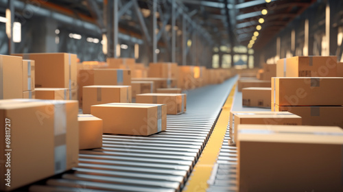 Many cardboard box parcels move along a conveyor belt at a warehouse.