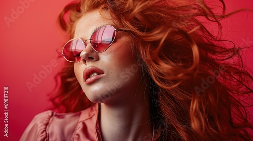 Beauty portrait of red haired fashion model with waving hair is pink stylish glasses © 0livia