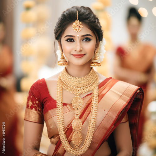 Young indian bride in traditional saree and jewelery.