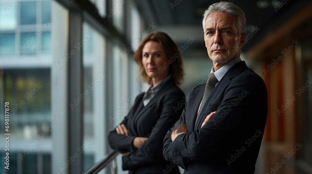 Successful team of CEOs and bosses. COnfident man and woman in business outfit standing in an office. Successful team of CEOs and bosses. COnfident man and woman in business outfit standing in an office.