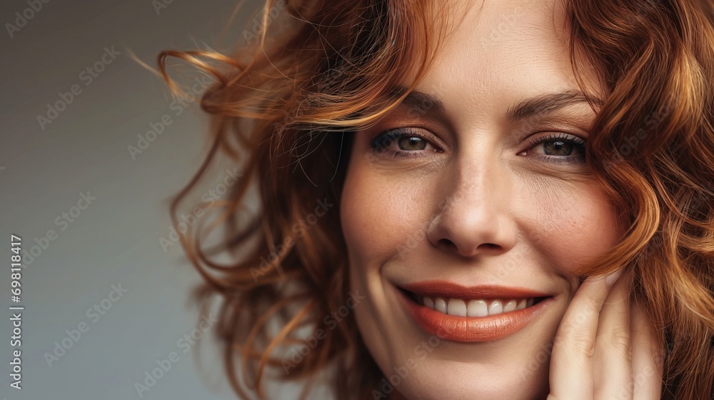 Fototapeta premium Natural portrait of cute middle aged woman smiling. Positive emotions and sensual look. AI generated