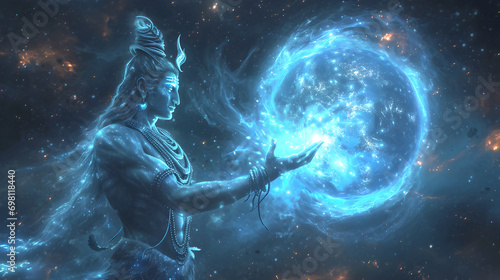 Cinematic illusion of Lord Shiva's in space universe, holding a glowing blue sphere planet as Sirius, galaxy, aura surround, floating objects, magnetic field, quantum, spectral light body, interwoven