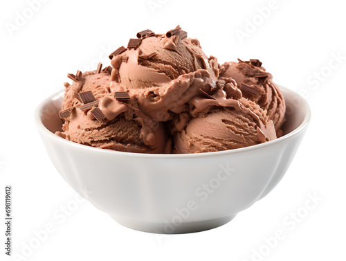 Scoops of Chocolate Ice Cream in a Bowl, isolated on a transparent or white background
