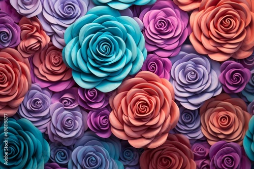 Colorful floral backdrop featuring roses in pink, purple, and turquoise. Rendered with a 3D effect. Generative AI
