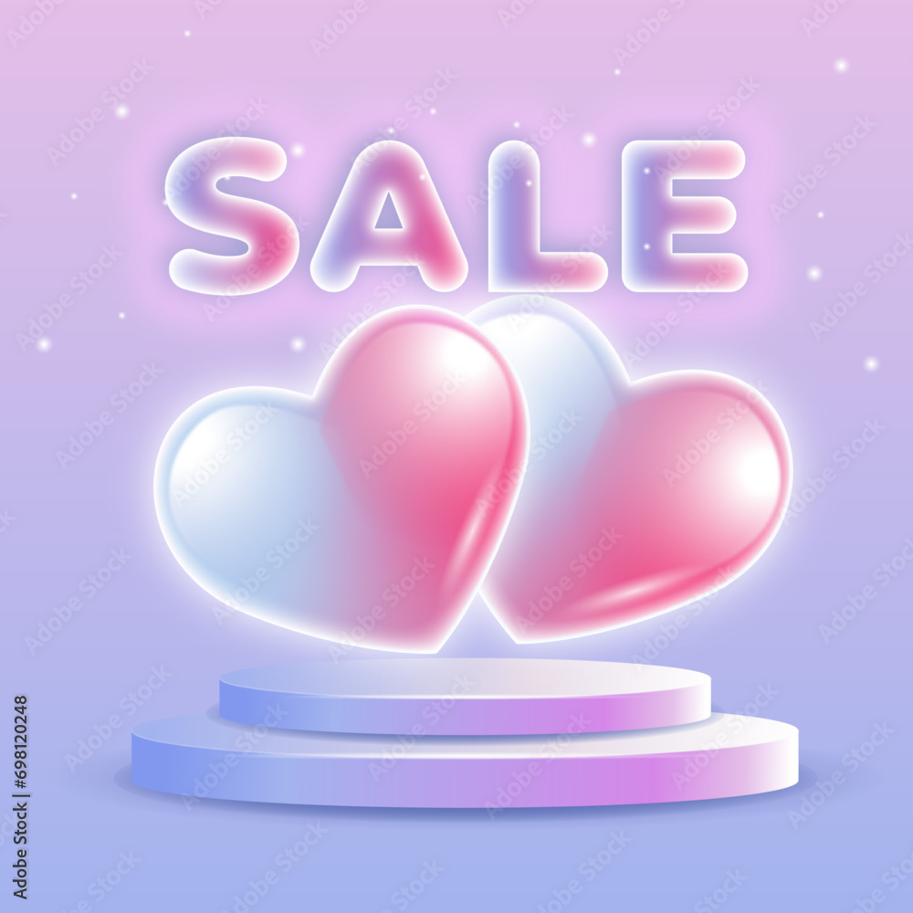 Valentine's day sale with podium and heart shaped balloons. Valentine background vector