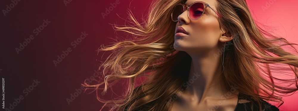 A passionate woman exudes coolness with her long hair and red sunglasses as she looks to the side, showcasing her fashionable eyewear as a key accessory A passionate woman exudes coolness with her long hair and red sunglasses as she looks to the side, showcasing her fashionable eyewear as a key accessory