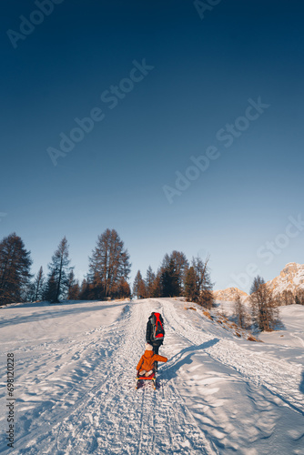 A mother is pulling a child on a sled through the snow