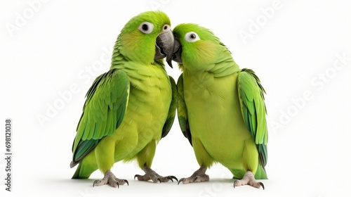 couple of green parrots kissing on white.