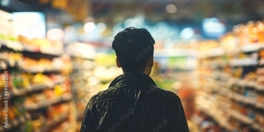 Back view of a man in a grocery store doing shopping inflation concept out of focus blurred background - Generative ai