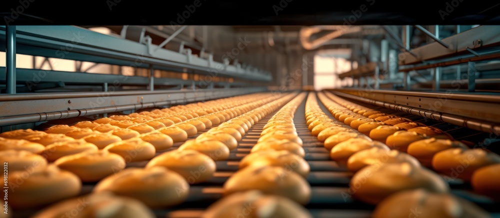 Conveyor belt with freshly baked bread production in bakery factory