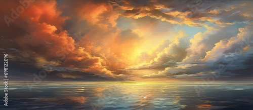 Dramatic clouds reflected in water painting, abstract
