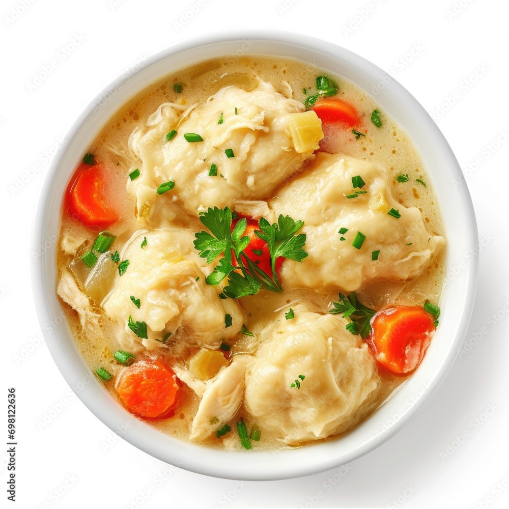 Chicken and Dumplings garnished with herbs in a bowl on a wooden table,