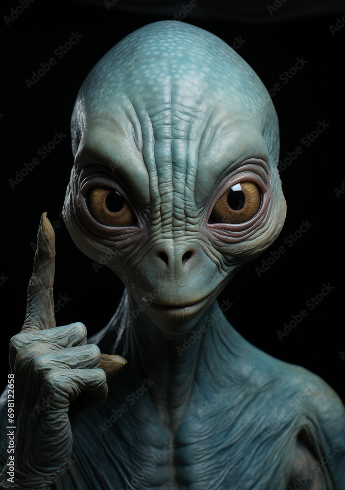Playful Alien Gesture: Enigmatic Smile & Secret-Sharing Pose - Intimate Blue ET Portrait - Alien Being's Playful Conspiracy.