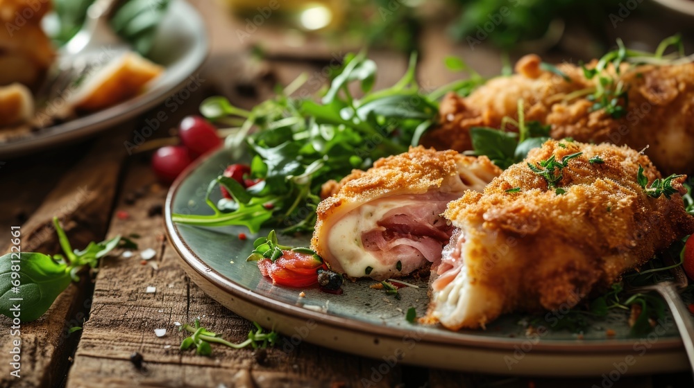 Fototapeta premium chicken cordon bleu stuffed with ham and cheese, garnished with fresh herbs on a wooden table