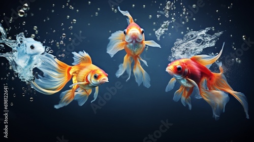 four fish jumping on the water.