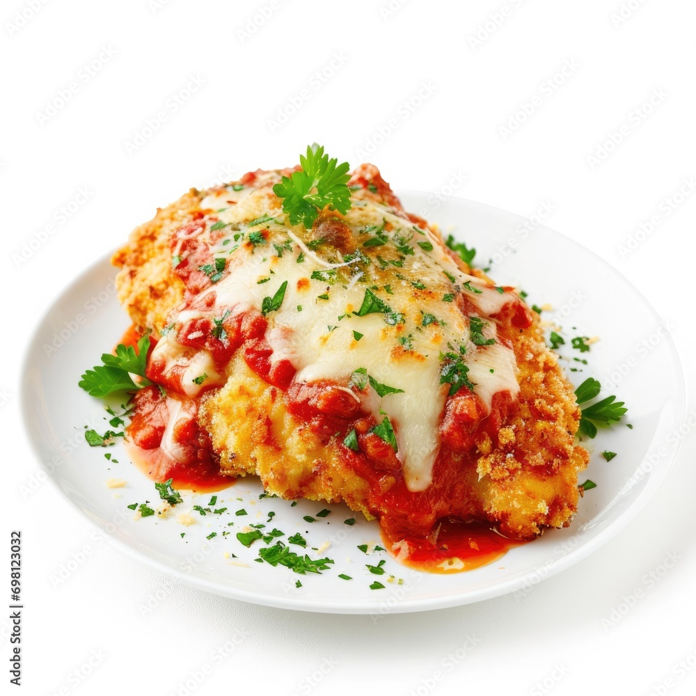 Delicious chicken parmesan topped with melted cheese on white background Delicious chicken parmesan topped with melted cheese on white background