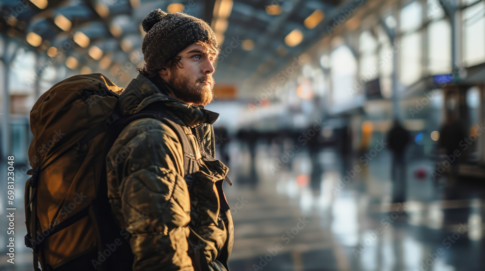 A man with a backpack standing in an airport Portrait of the man standing at the airport, providing a glimpse into the man's journey ahead.