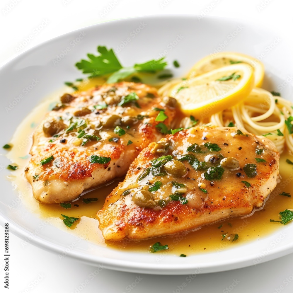 Lemon chicken piccata with parsley garnish on a white plate, ideal for a recipe or menu design. Lemon chicken piccata with parsley garnish on a white plate, ideal for a recipe or menu design.