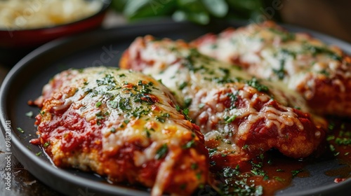 Delicious chicken parmesan topped with melted cheese and herbs on a plate, with a wooden background.