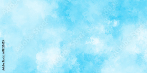painted white clouds with pastel blue sky, Brush paint blue paper textured canvas element with clouds, blue sky with clouds background, abstract watercolor background illustration. photo