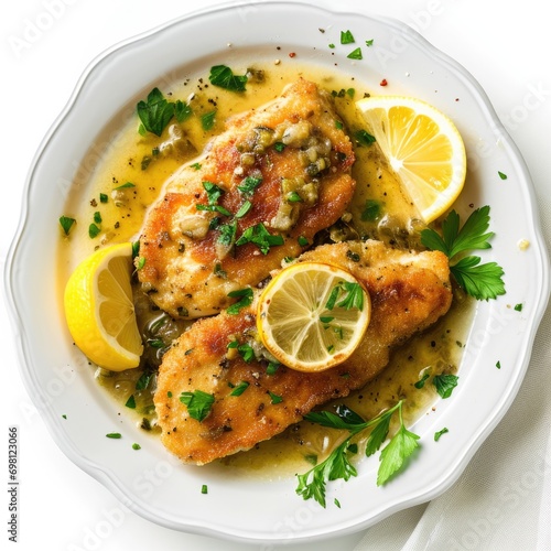 Lemon chicken piccata with parsley garnish on a white plate, ideal for a recipe or menu design. photo