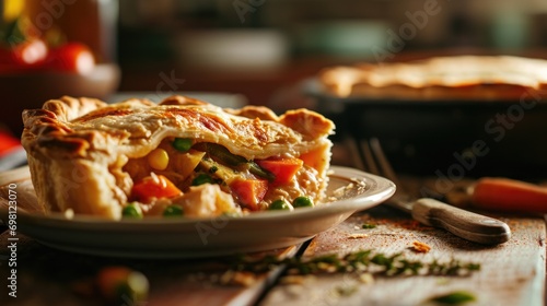 chicken pot pie on a plate with a wooden table setting, warm lighting, and blurred background