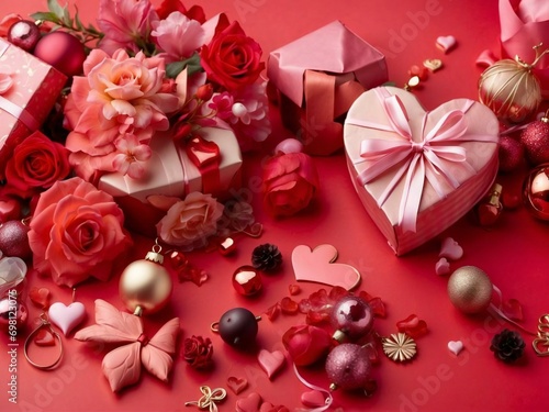 collection of gifts and chocolates, background to commemorate Valentine's Day © Flain