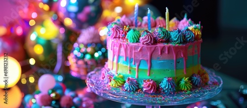 Katherine Sabbath's neon birthday cake with colorful decorations. photo