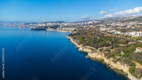 Fototapeta Naklejka Na Ścianę i Meble -  Kostrena aerial view, beach, Rijeka, Croatia