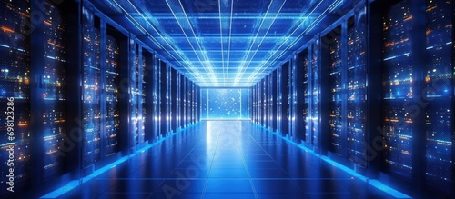 Server room, large storage center, Data Center and Data Connectivity Technology, technological line visual blue light background