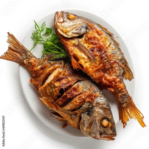 Grilled fish garnished with fresh parsley on a white plate, top view.