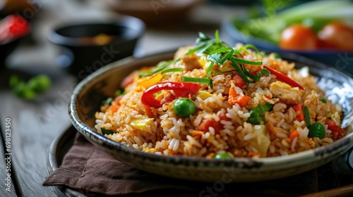 Aromatic fried rice with vegetables, garnished with fresh herbs, served on a plate and condiments