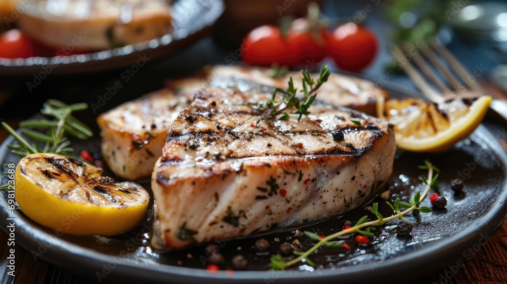 Grilled swordfish steak garnished with rosemary, lemon, and spices