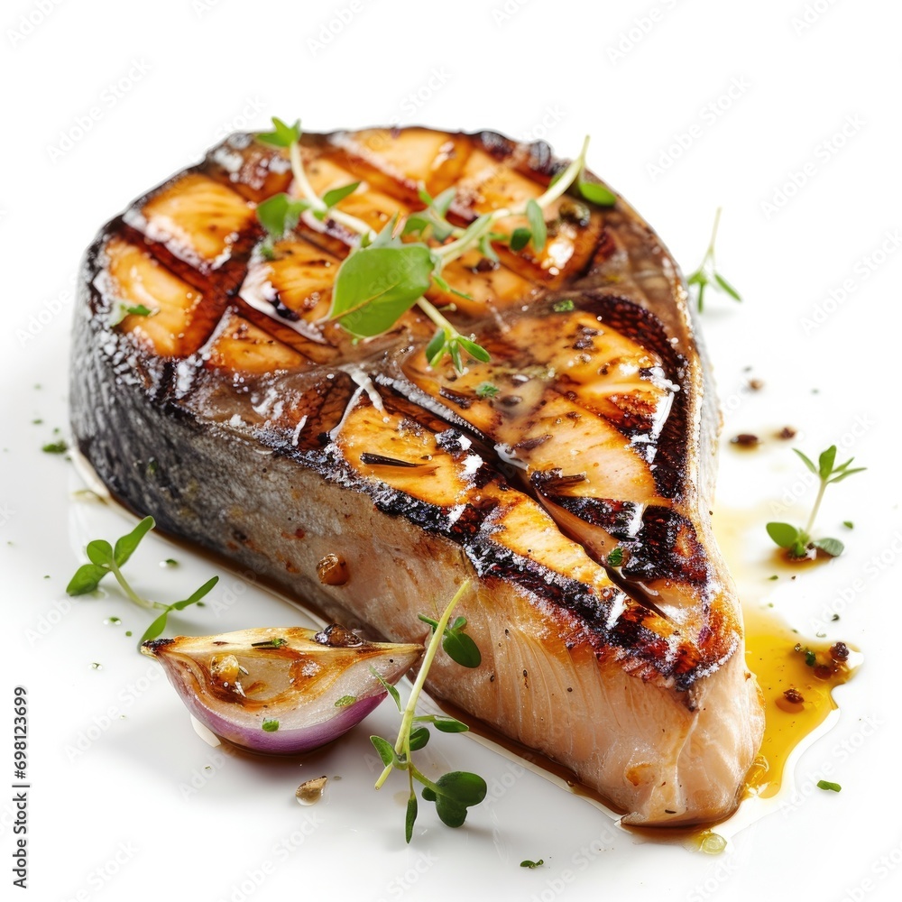 Grilled swordfish steak garnished isolated on white background