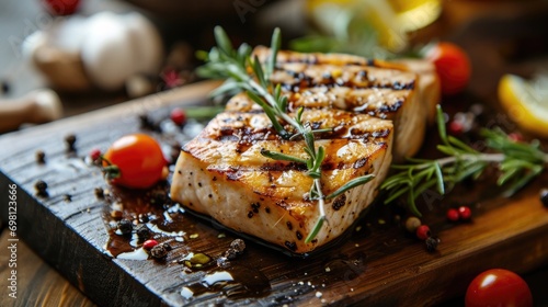 Grilled swordfish steak garnished with rosemary, lemon, and spices photo