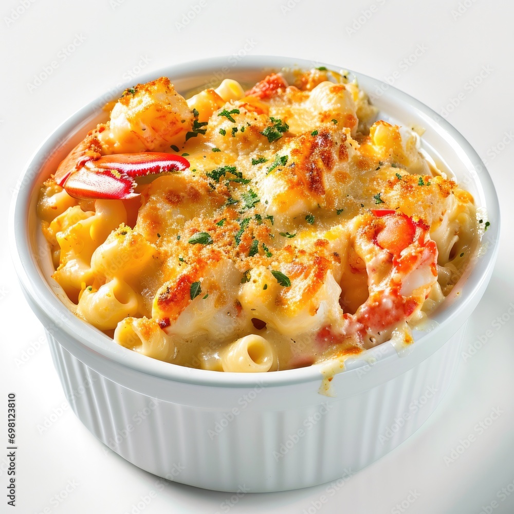 Lobster macaroni and cheese in a skillet in white background Lobster macaroni and cheese in a skillet in white background