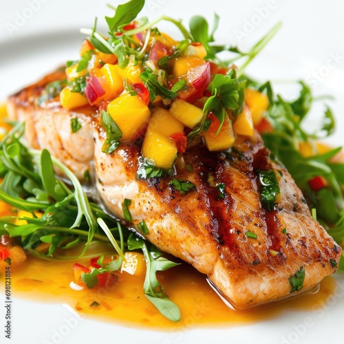 Mahi-mahi Grilled fish fillet topped with mango salsa, garnished with cilantro and lime photo