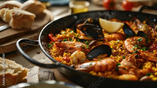 Traditional seafood paella in the pan with shrimp, mussels, and lemon on a wooden table.