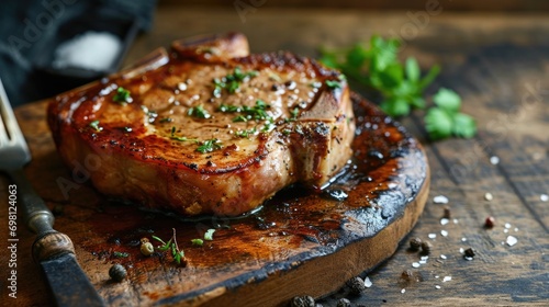 Grilled pork chop steaks on wooden board with tomatoes, herbs, and spices.