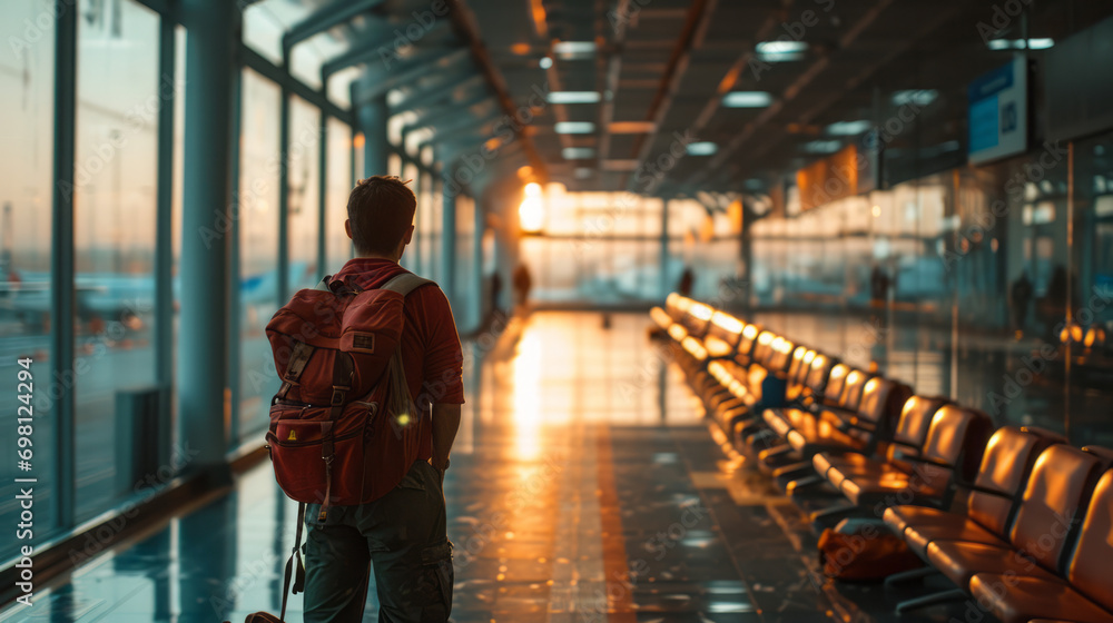 A man with a backpack standing in an airport Portrait of the man standing at the airport, providing a glimpse into the man's journey ahead. A man with a backpack standing in an airport Portrait of the man standing at the airport, providing a glimpse into the man's journey ahead.