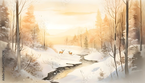 Winterliche Waldszene am Fluss mit Hirschen (KI-/AI-generiert)