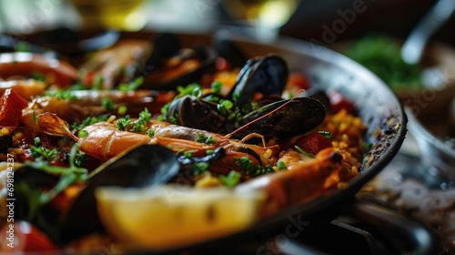 Appetizing seafood paella in a pan with shrimp, mussels, and garnished with parsley photo