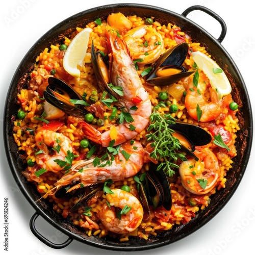 Top view of a traditional Spanish paella with seafood, peas, and lemon slices in a black pan,